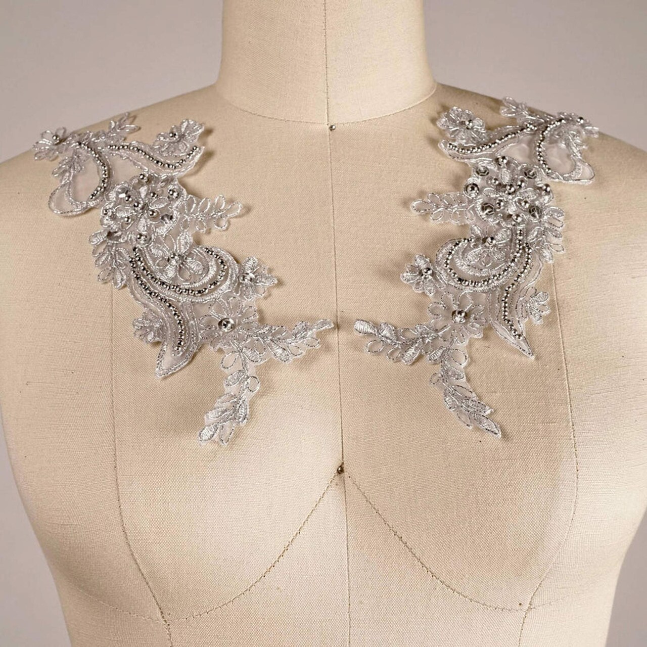 1 Pair of Metallic Gray Lace with Silver Pearls Applique Pair 8.5 x 3.5 Inch for Bridal and Costume Embellishment